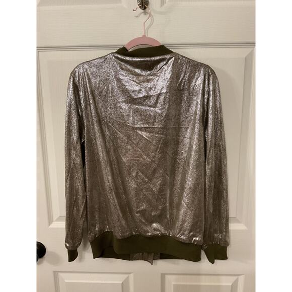 Umgee Metallic Olive Green Zip Up Bomber Jacket, S - Picture 5 of 5